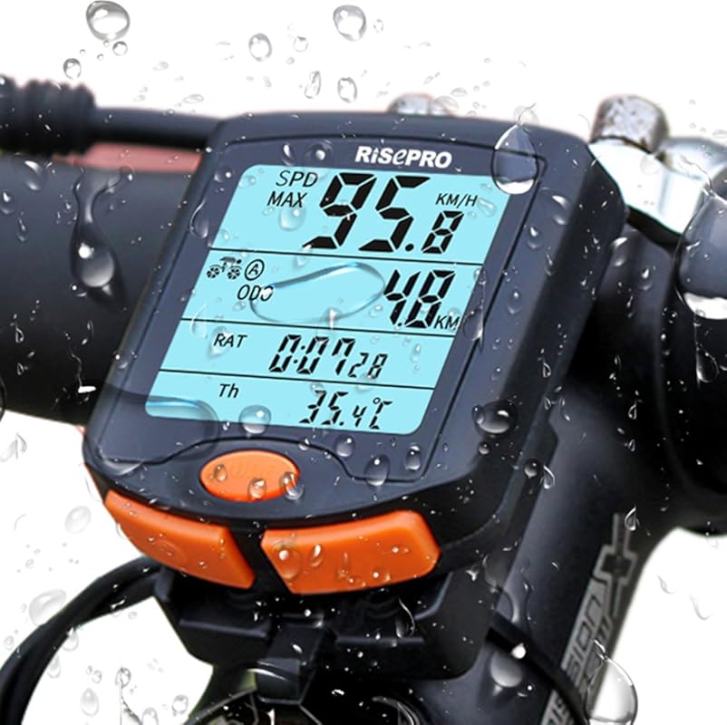 RISEPRO Wireless Bike Computer with 4-Line LCD Display, Backlight, Wat