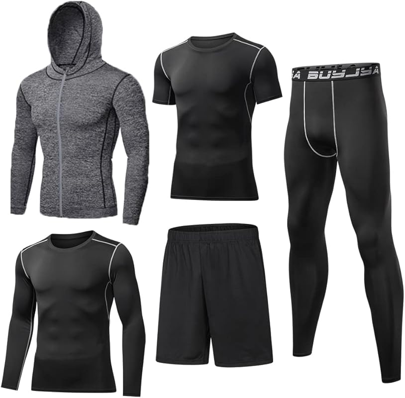BUYJYA 5Pcs Men's Compression Workout Set: Top, Bottom & Long Sleeve J