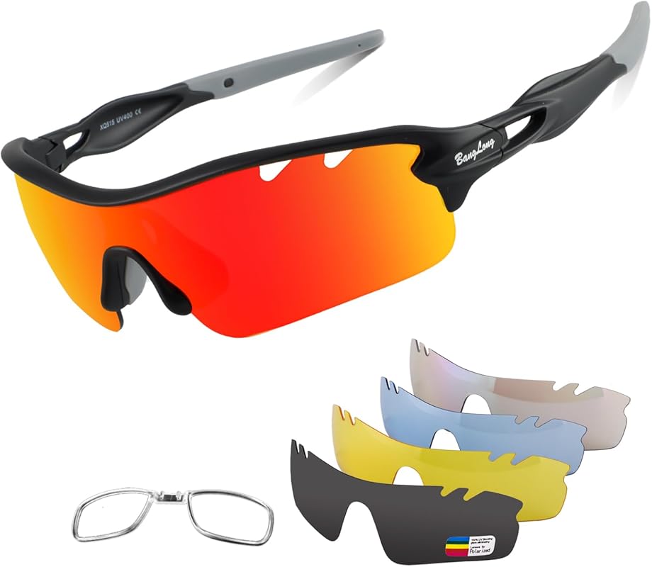 BangLong Polarized Sports Sunglasses with 5 Interchangeable Lenses for