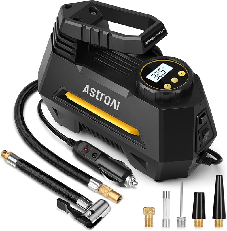 AstroAI Portable Air Compressor: 12V DC Tire Inflator with LED Light &
