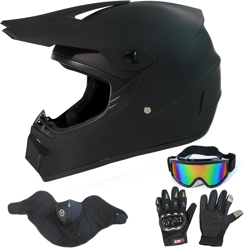 Dirt Bike Helmet Adult Fullface Matte Black with Goggles Gloves Mask D