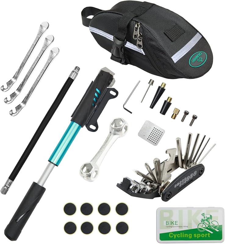Chumxiny Blue Bike Repair Kit with 16-in-1 Tool, 120 PSI Pump & Tire P