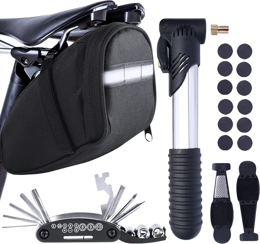 Compact Bicycle Repair Kit with Mini Pump & Multitool, Saddle Bag for 