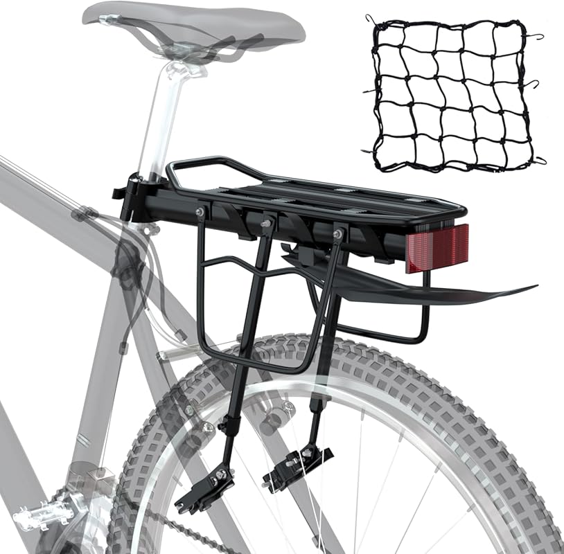 Large Capacity Bike Cargo Rack w/Fender, Bungee Net & Reflective Logo