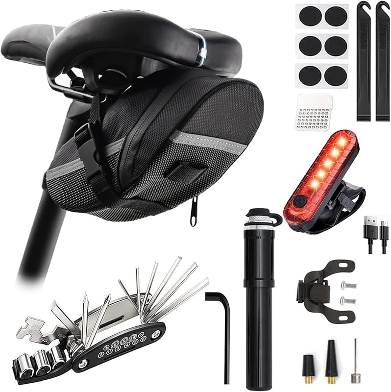 Bike Repair Kit with Mini Pump & Tail Light, 16-in-1 Multitool, Tire R