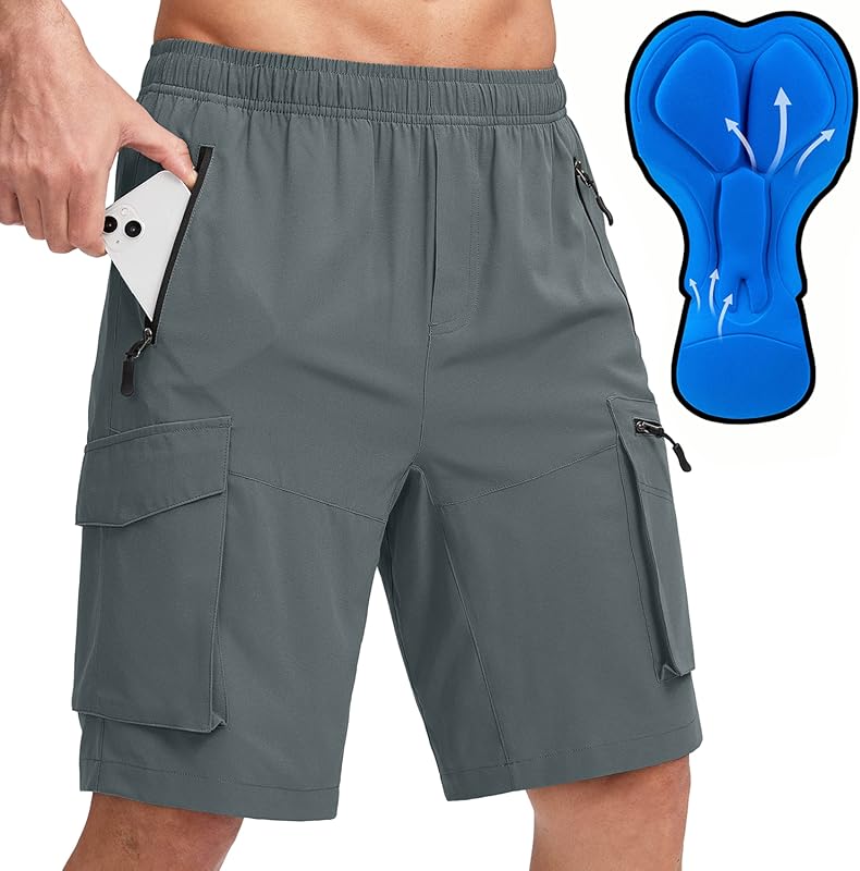 Bikewa Men's 3D Padded Mountain Bike Shorts with Zipper Pockets and Lo