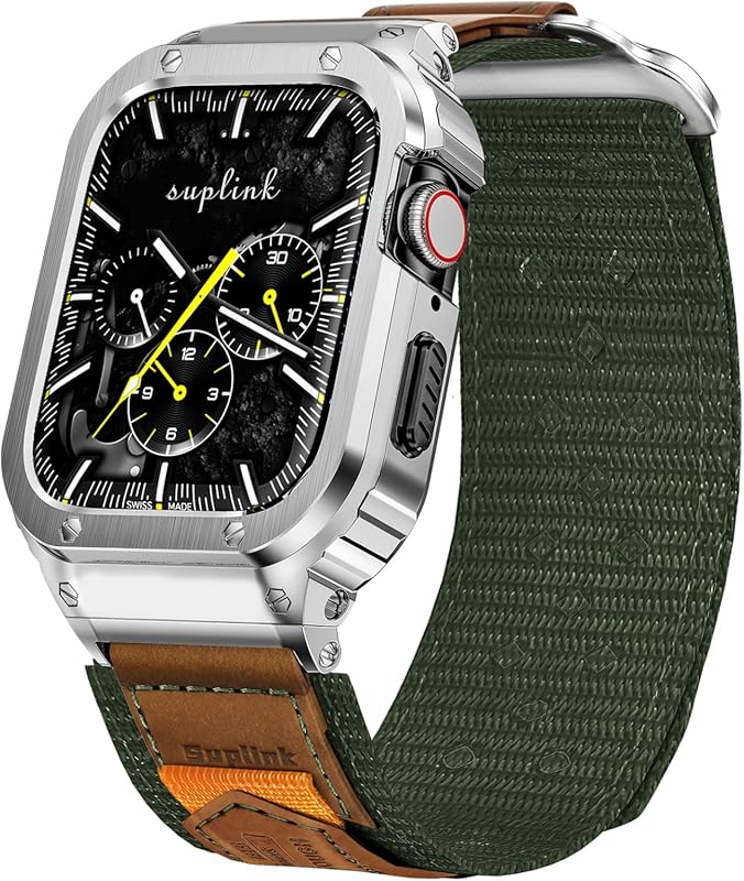 SUPLINK Stainless Steel Case & Nylon Band for Apple Watch Series 10 9 