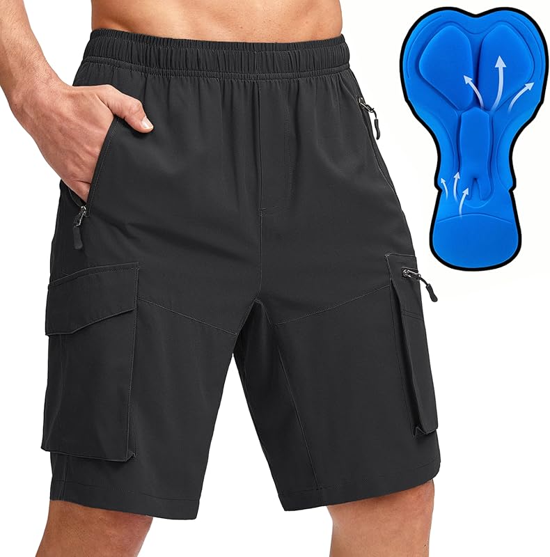 Bikewa Men's 3D Padded Mountain Bike Shorts with Zipper Pockets for Co