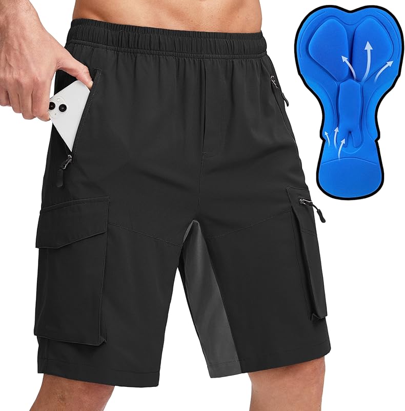 Bikewa Men's 3D Padded Loose-Fit Mountain Bike Shorts with Zipper Pock