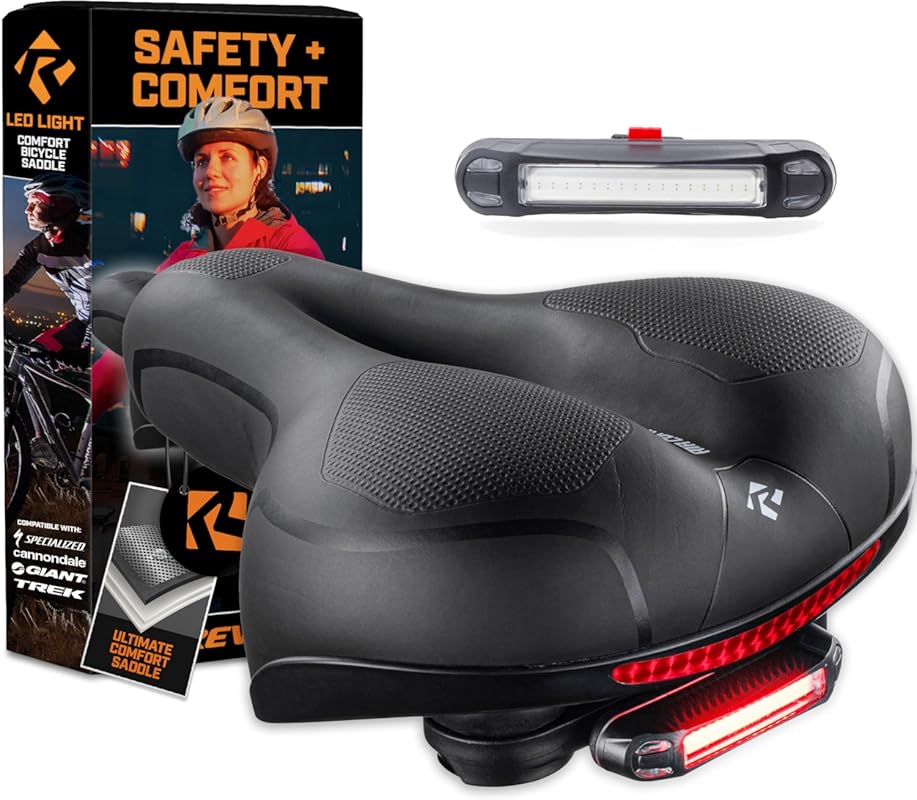 Revere Memory Foam Wide Bike Seat with Rear LED Light, Waterproof Shoc