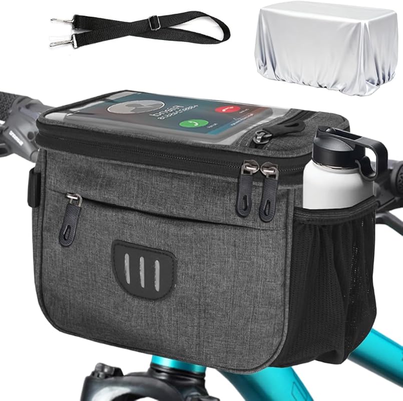 Bike Handlebar Bag with Rain Cover, Phone Holder & Shoulder Strap for 