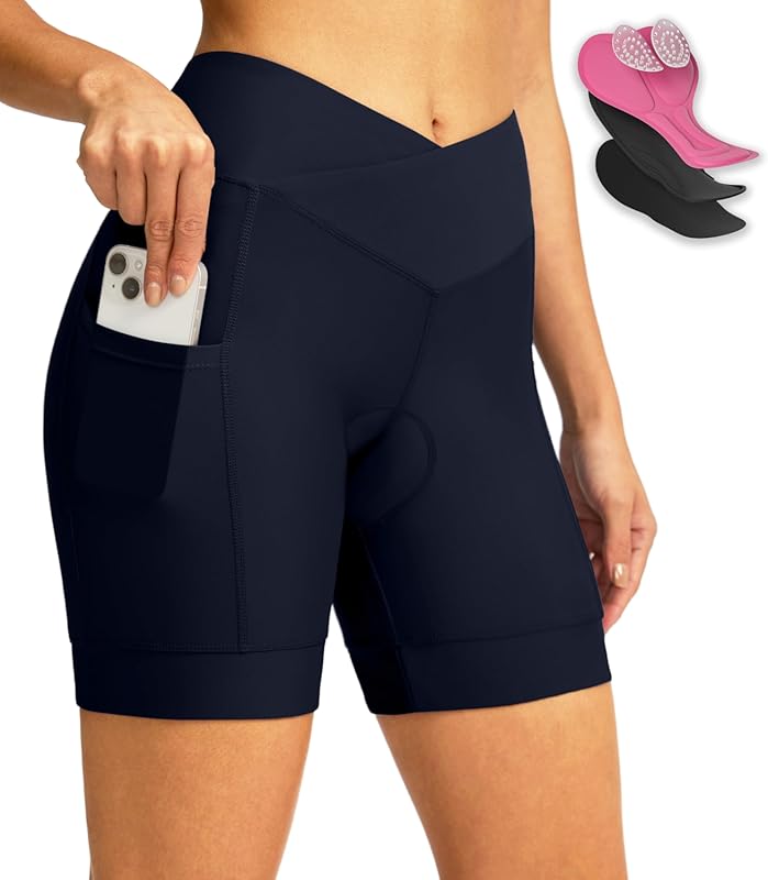 Women's 4D Padded Bike Shorts – Crossover Waist, Zipper Pockets for Co