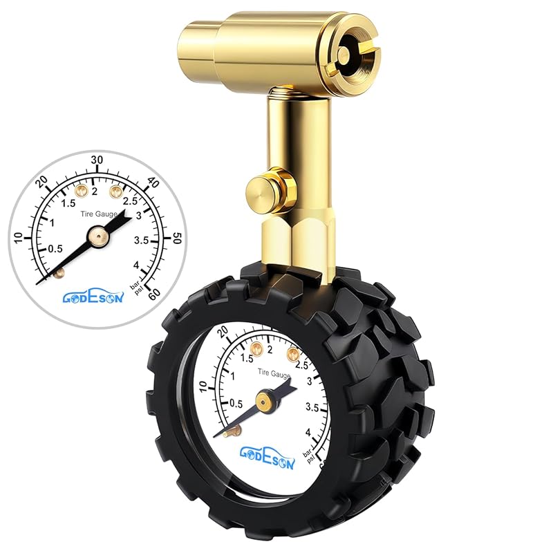 GODESON Dual-Head Bike Tire Pressure Gauge, 0-60 PSI Dial with Gear Pr