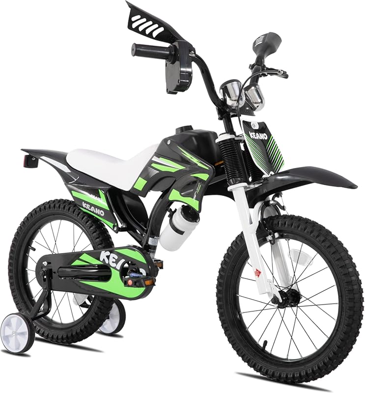 KEANO Motocross Kids Bike with Training Wheels, Number Plate, 12/16 In