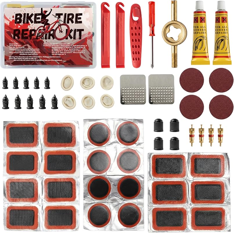 60Pics Bike Tire Repair Kit with Patches, Levers & Tubeless Nail for M