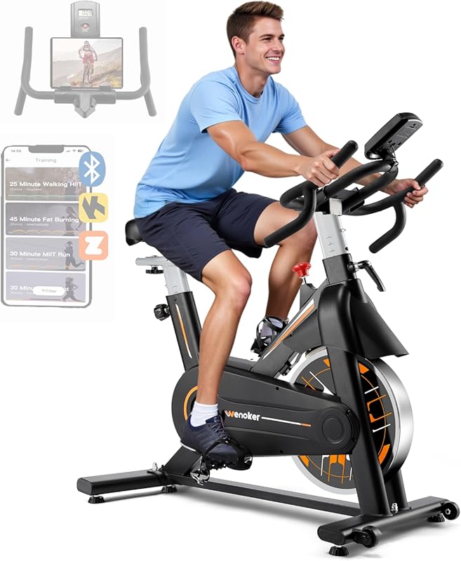 Wenoker Exercise Bike with App Sync, Adjustable Seat & Handlebar, Tran