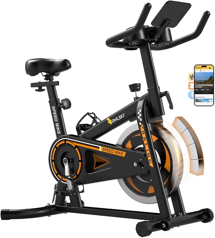 OWLSKY Quiet Indoor Cycling Bike with App, 300 lbs Capacity, Adjustabl