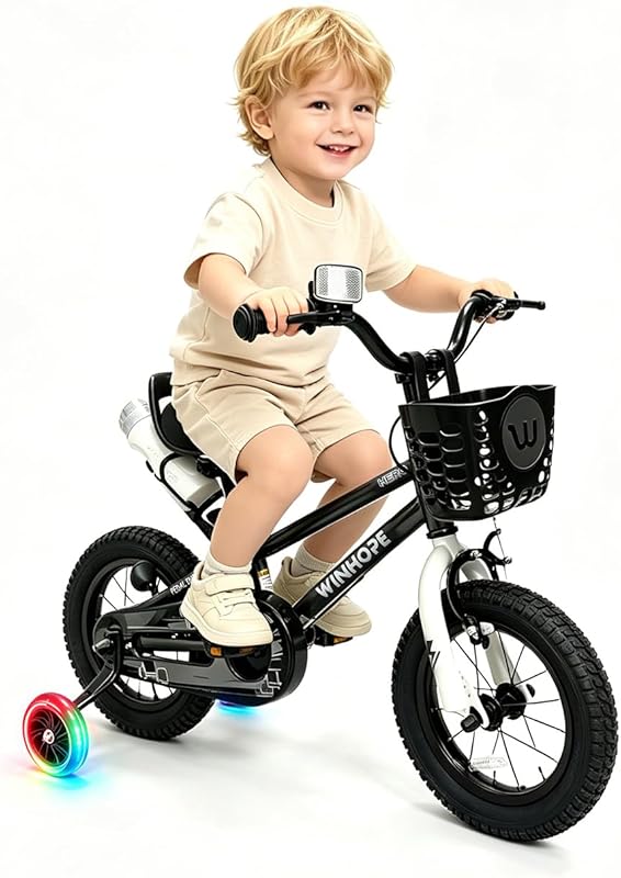 WinHope Kids Bike with LED Training Wheels, Dual Brakes, Adjustable Se