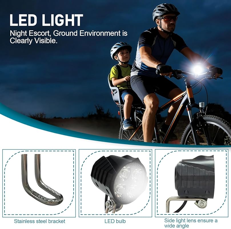 Ebike LED Headlight with Horn 24V-52V Waterproof for Night Riding