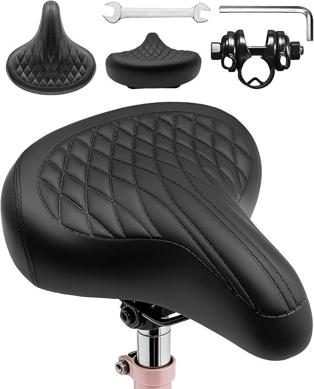 Black Retro Leather Oversized Bike Seat with Thick Padding for All Bik